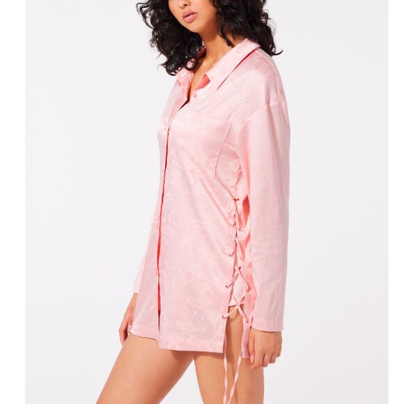 Savage X Fenty Heavenly Satin Pink Jacquard Button Up Sleep Nightshirt Women L - Picture 1 of 11